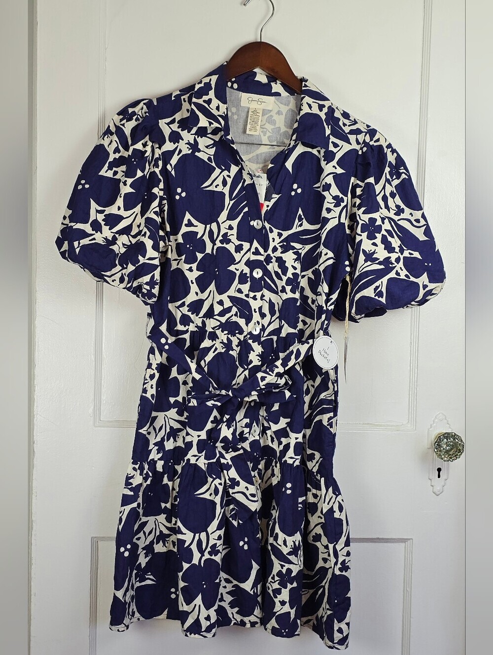 Jessica Simpson Blue and Ivory Floral Cotton Shirt Dress with Pockets NEW L